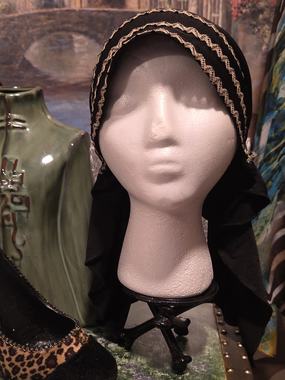 Black Headscarf with Gold Trim - Picture 6 of 9